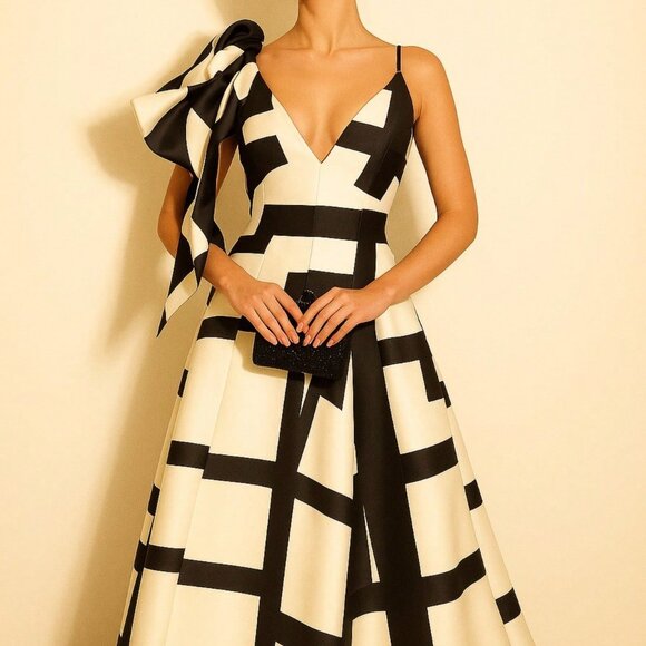 MODA ME COUTURE Dresses & Skirts - White Elegant Women's One-Shoulder Bow Detail Geometric Print Maxi Dress